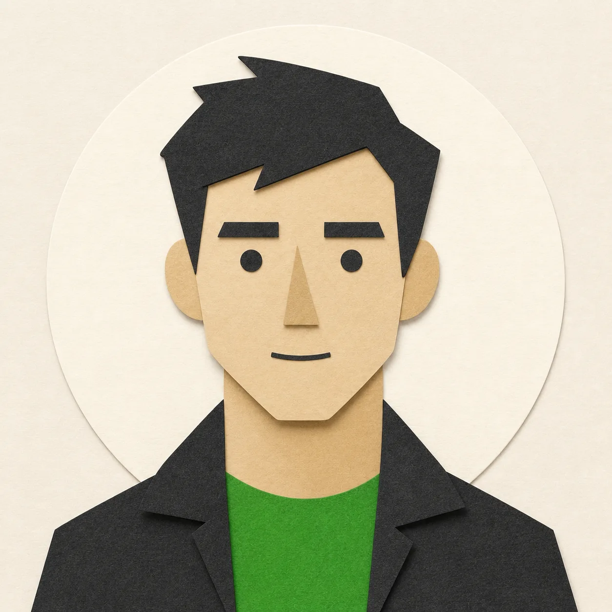 Original fictional person rendered as a tactile green editorial paper portrait.