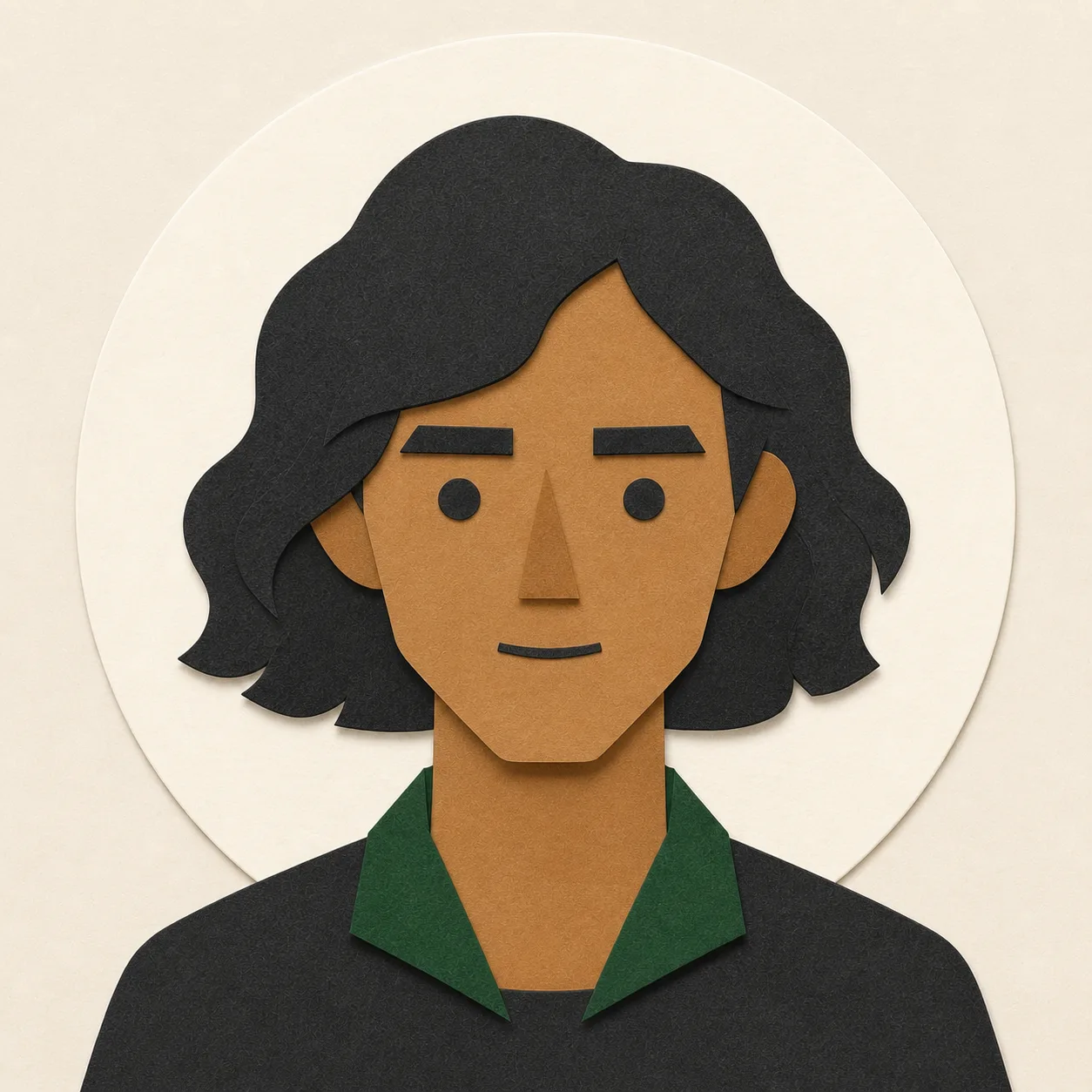 Original fictional woman rendered as a warm paper-cut editorial portrait.