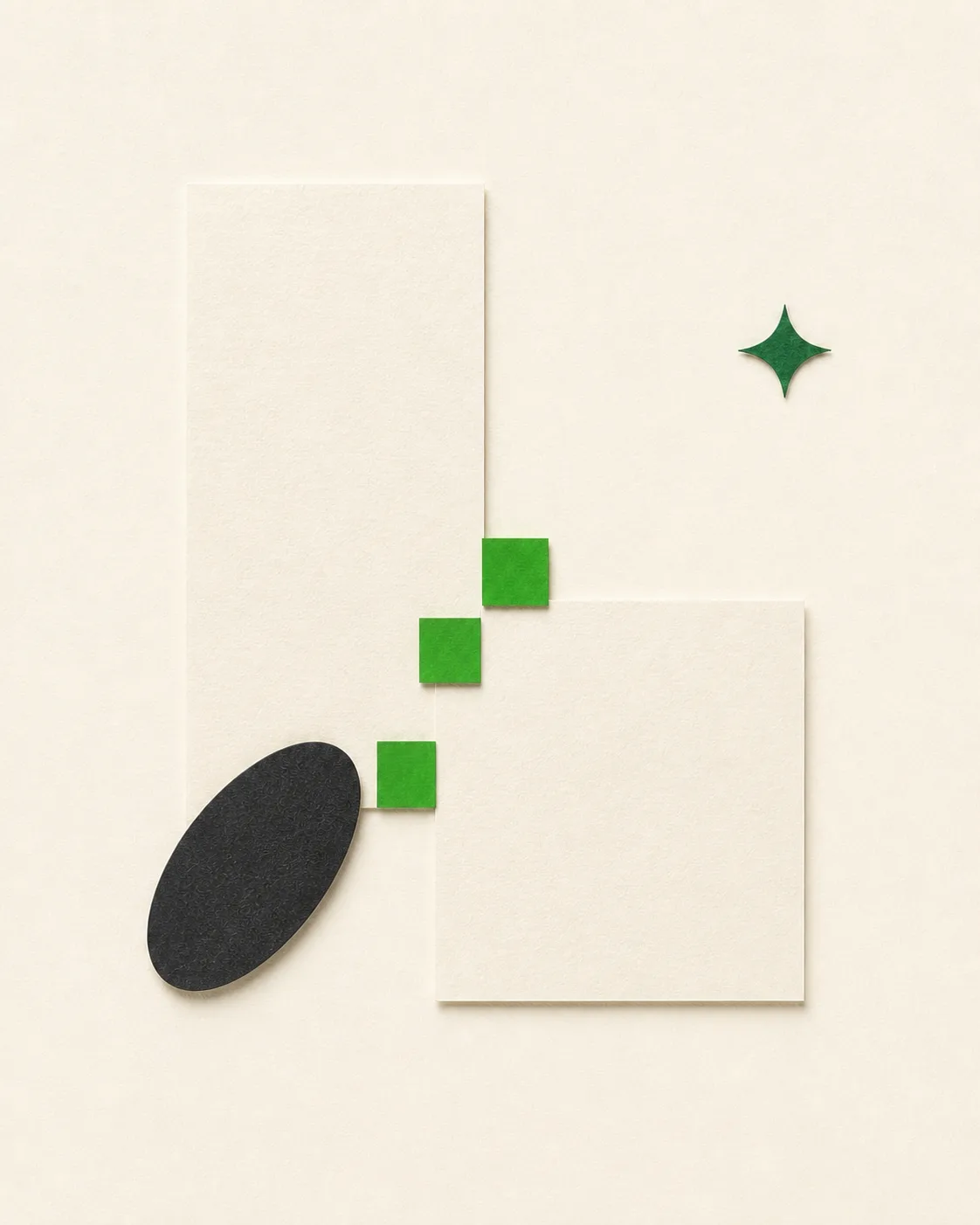 Tactile green and charcoal geometric pieces arranged as an editorial grid.