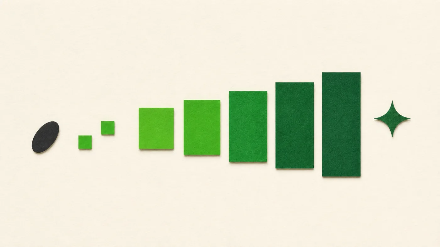 A wide sequence of green and charcoal modules moving across warm paper.
