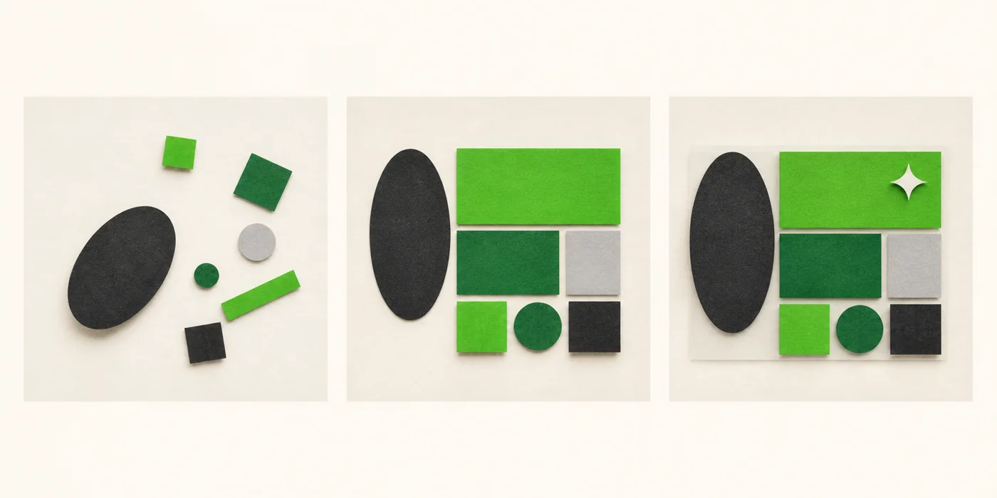 Three square storyboard panels showing scattered shapes becoming a campaign card.